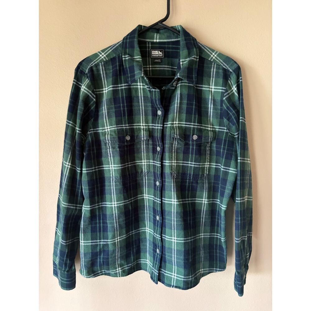 Eddie Bauer Womens Green Navy Blue Plaid Flannel Button Down Shirt Large